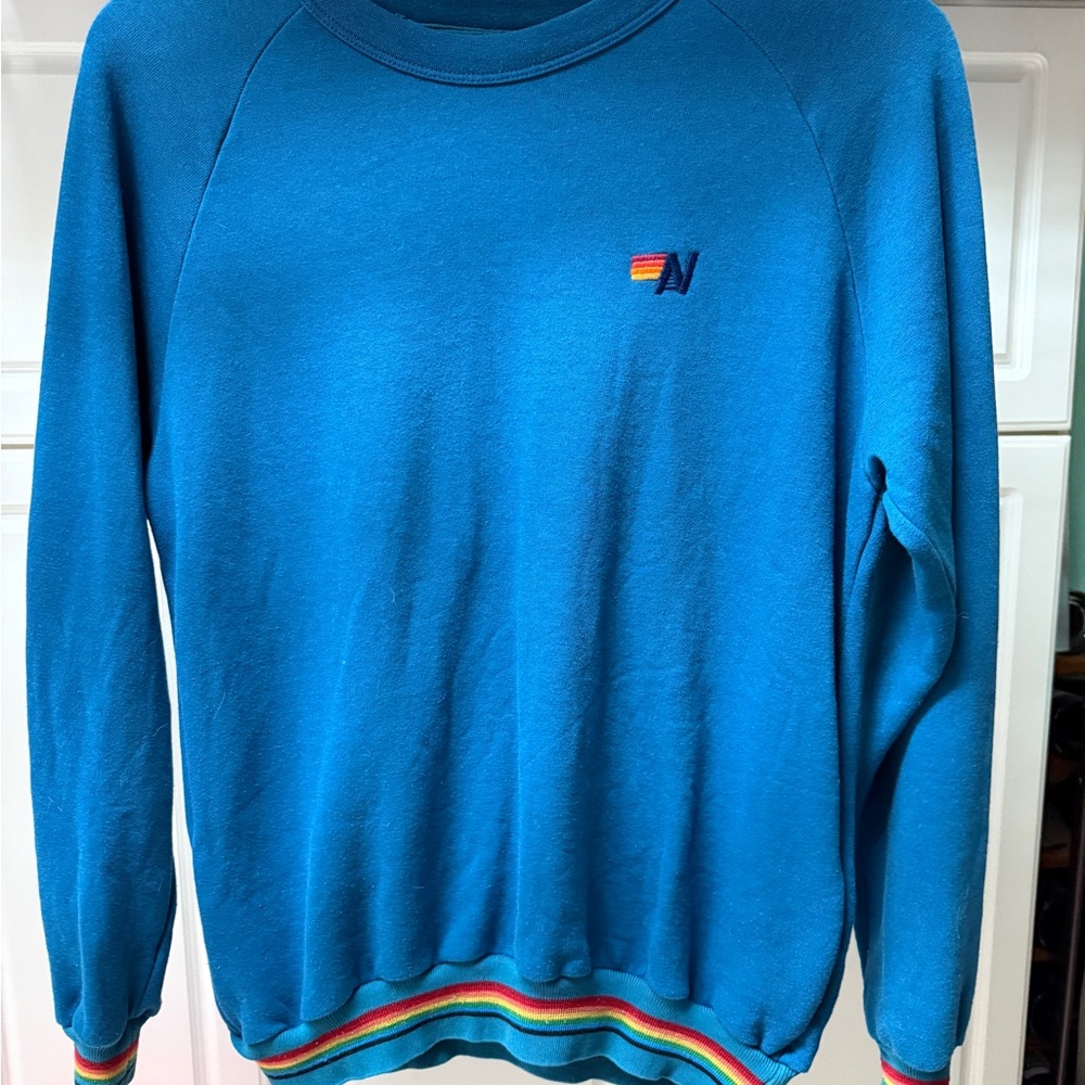 Aviator Nations Women’s Blue Crewneck Sweatshirt with Rainbow Trim and pockets